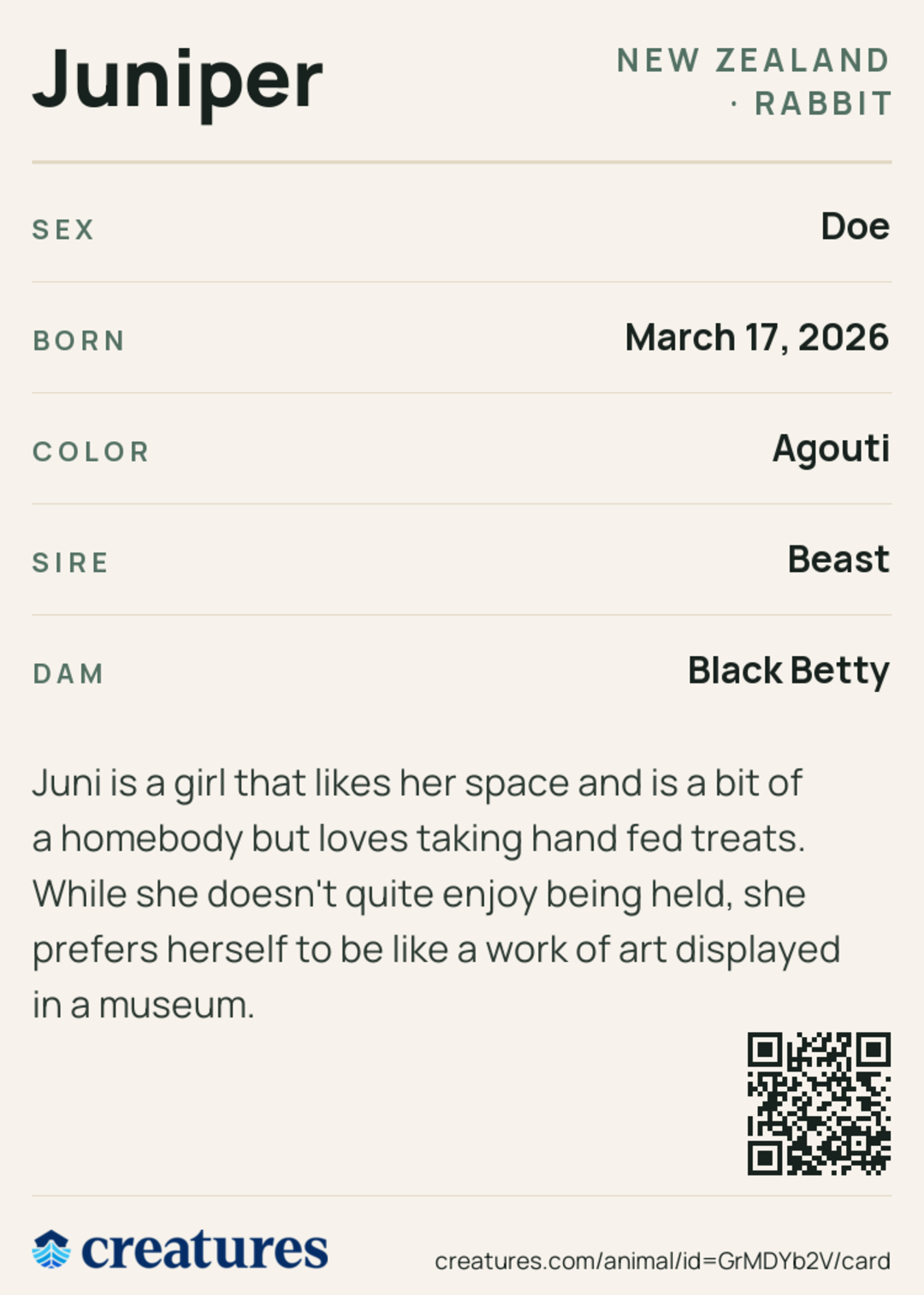 Juniper Creature Card back