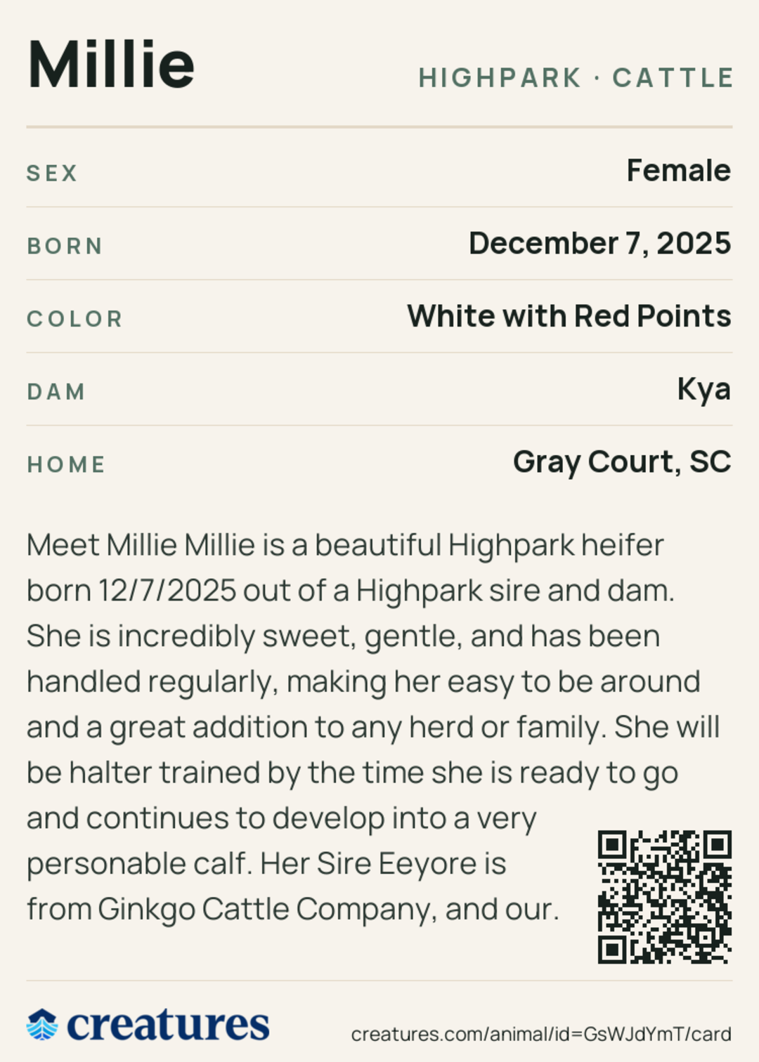 Millie Creature Card back