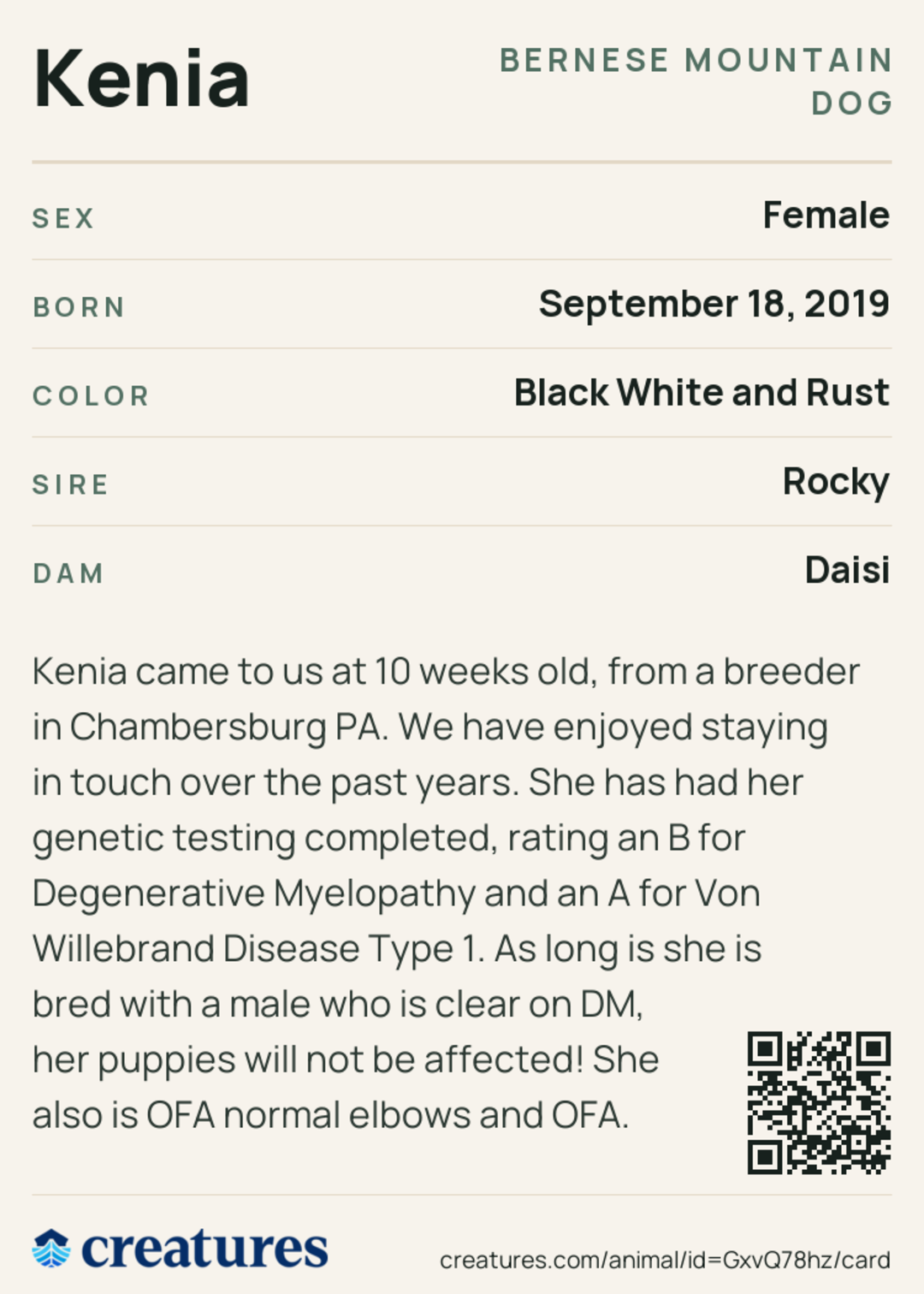 Kenia Creature Card back