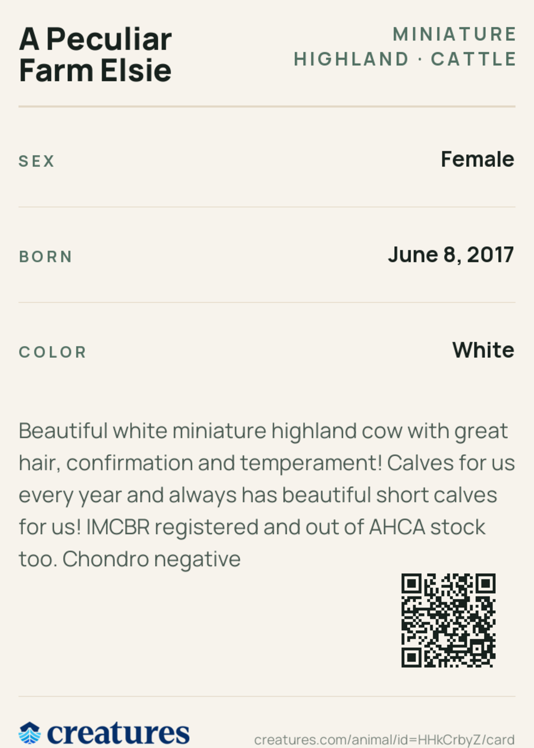 A Peculiar Farm Elsie Creature Card back