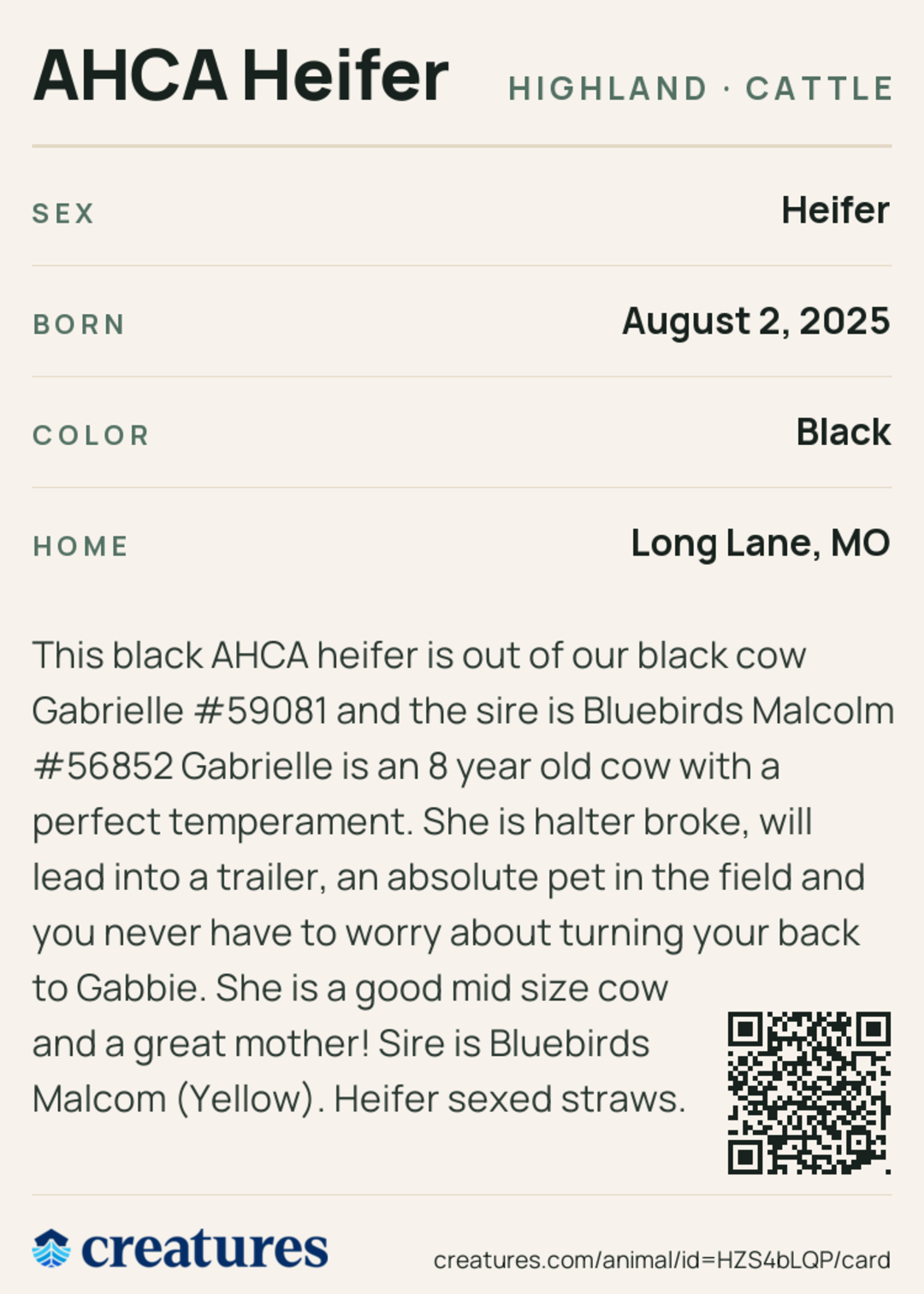 AHCA Heifer Creature Card back