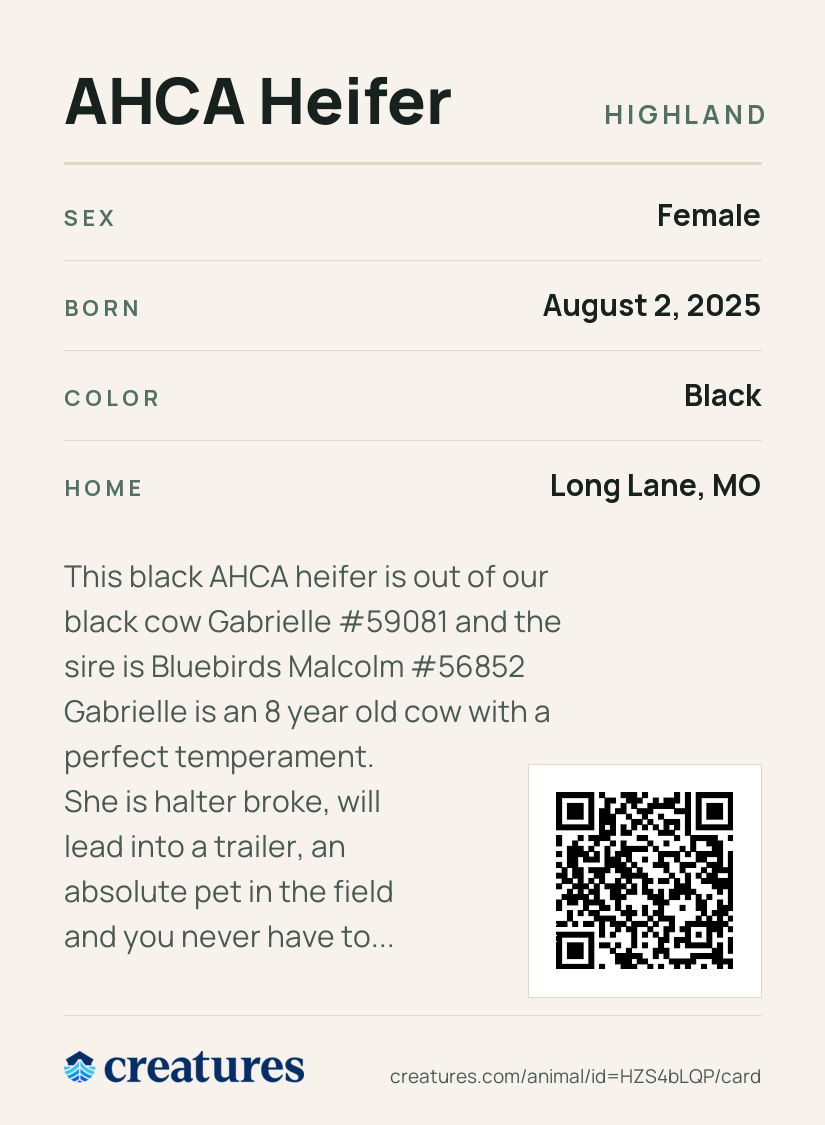 AHCA Heifer Creature Card back