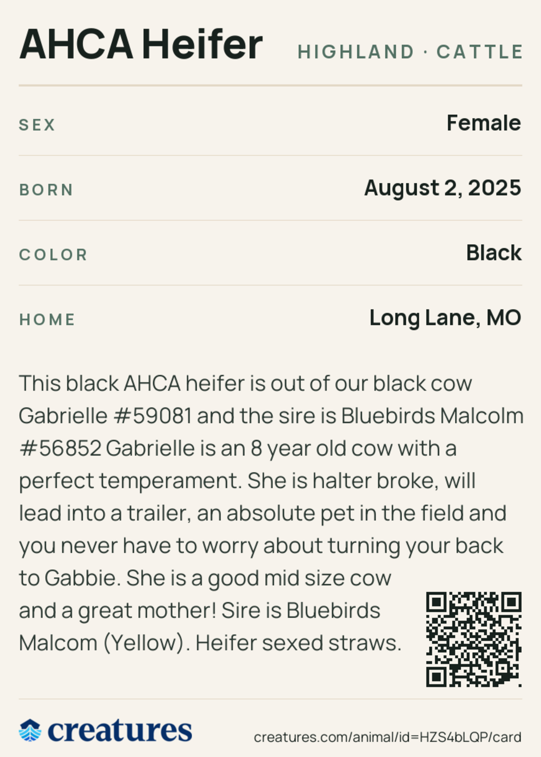 AHCA Heifer Creature Card back