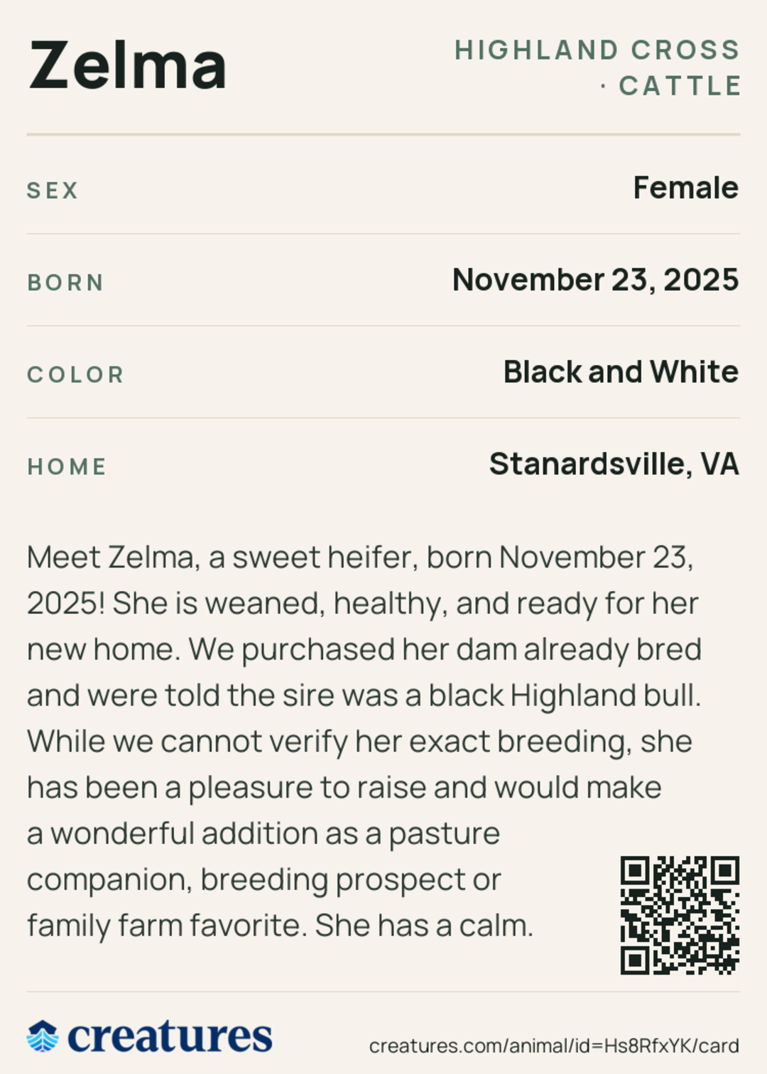 Zelma Creature Card back