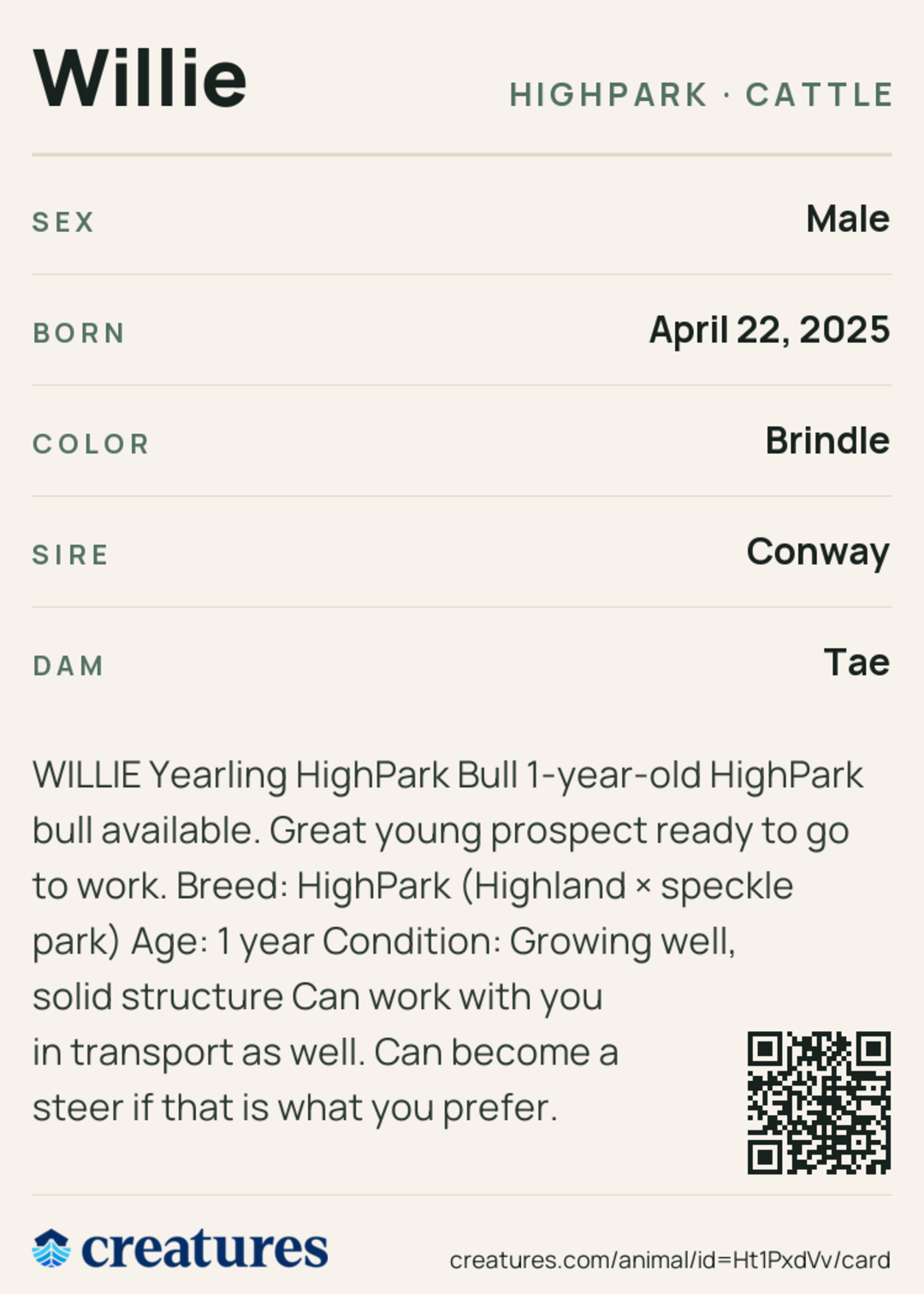 Willie Creature Card back