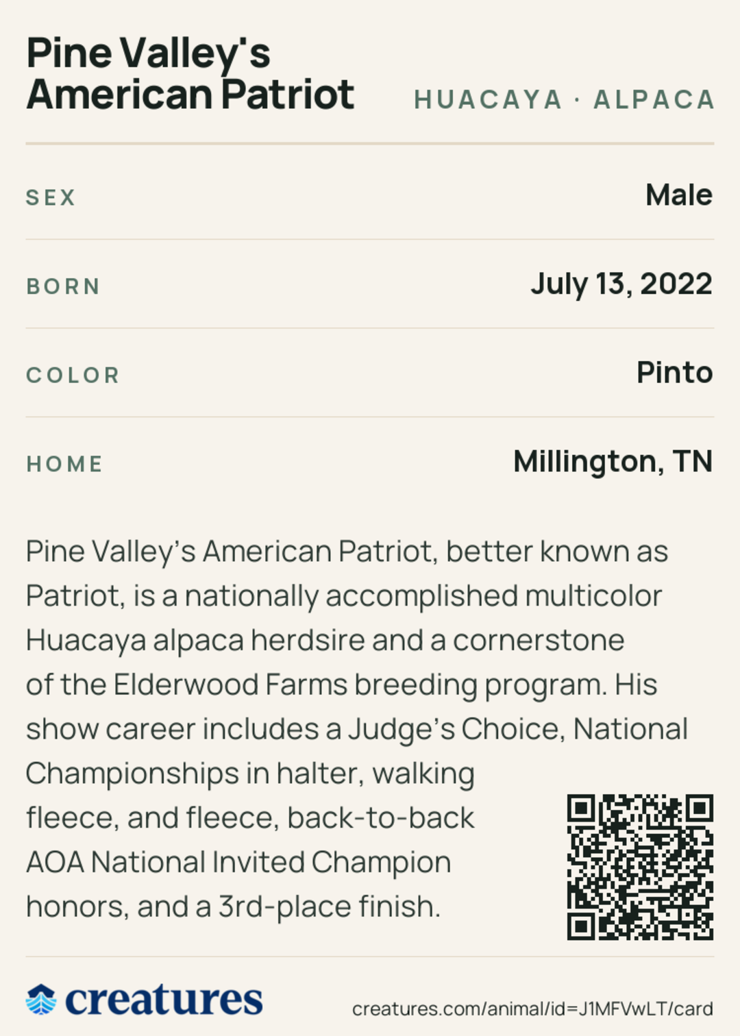 Pine Valley's American Patriot Creature Card back