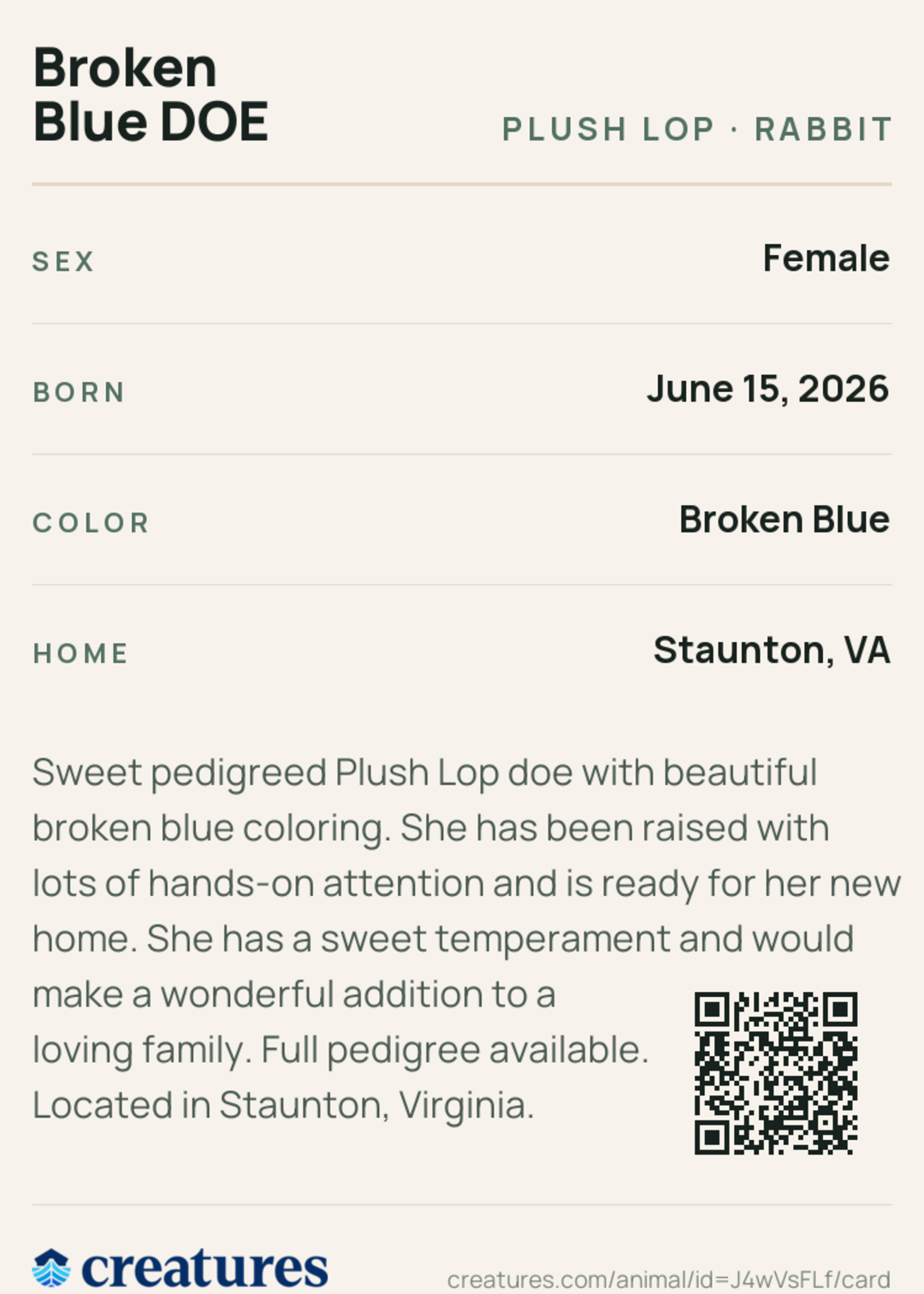 Broken Blue DOE Creature Card back