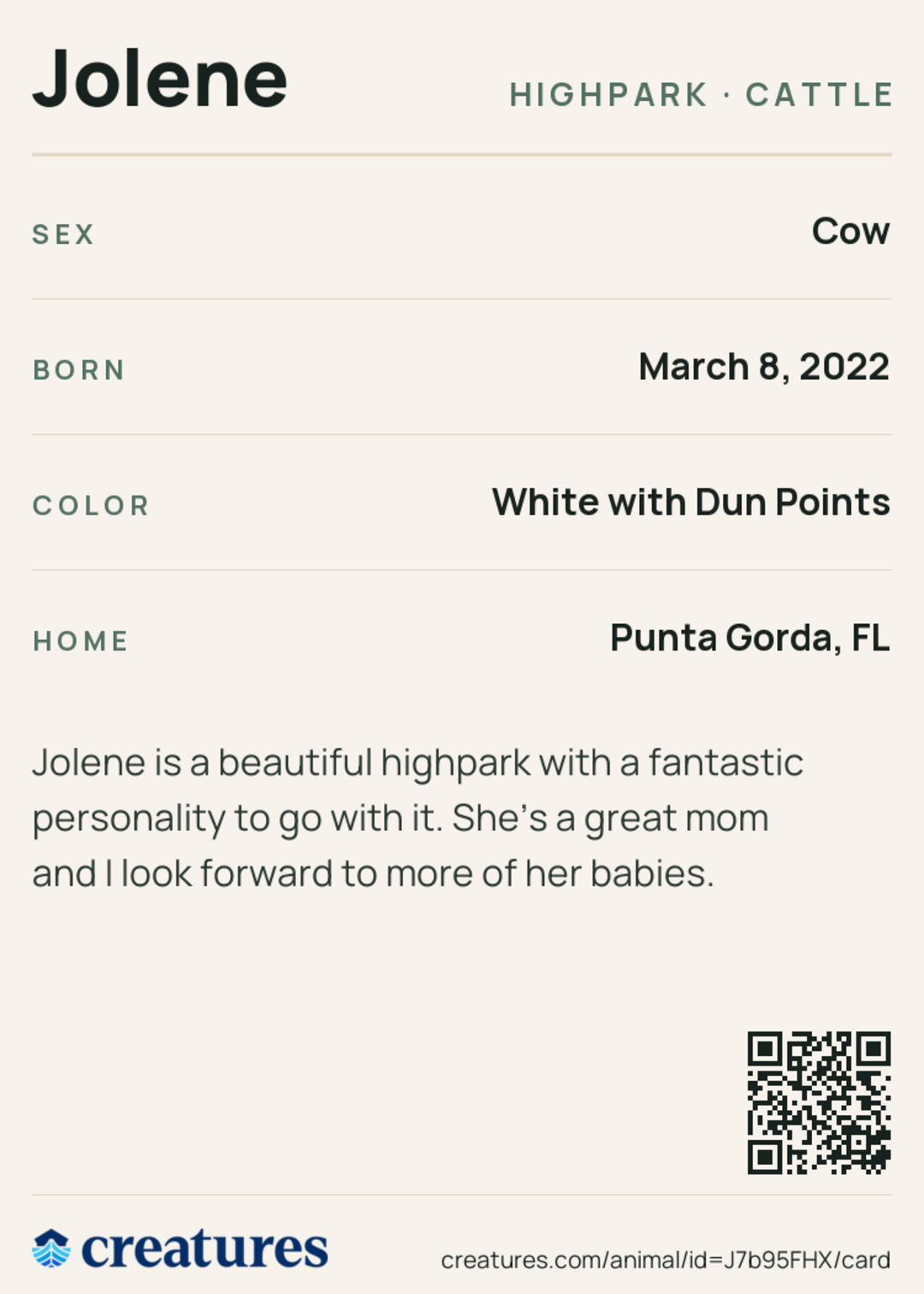 Jolene Creature Card back