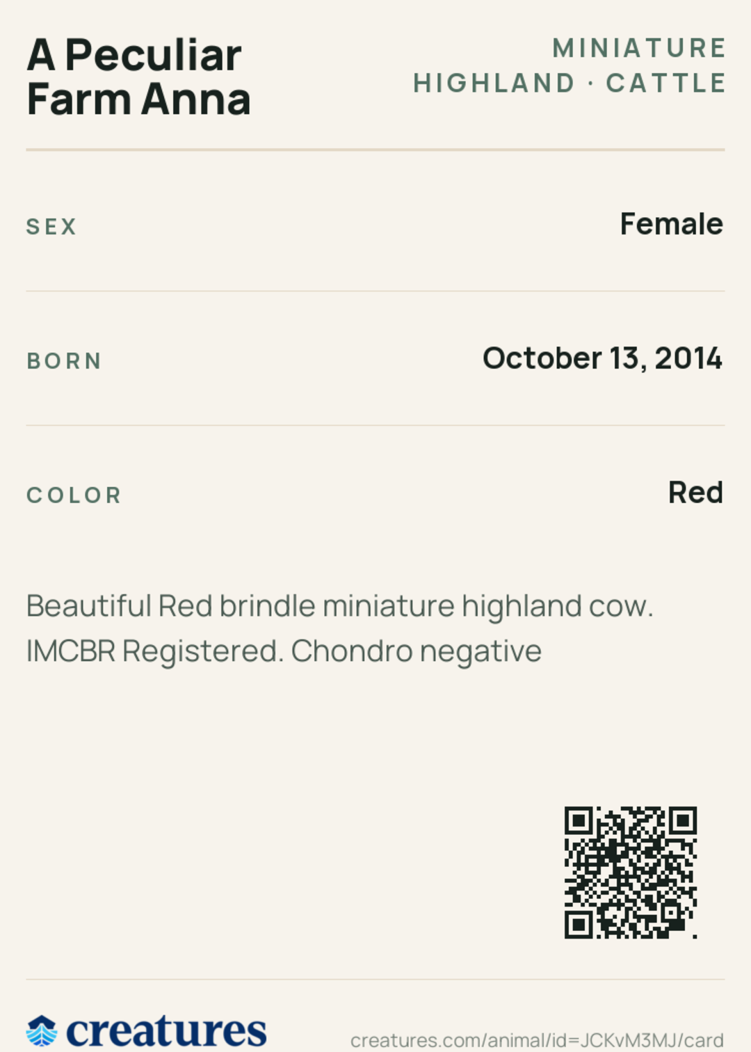 A Peculiar Farm Anna Creature Card back