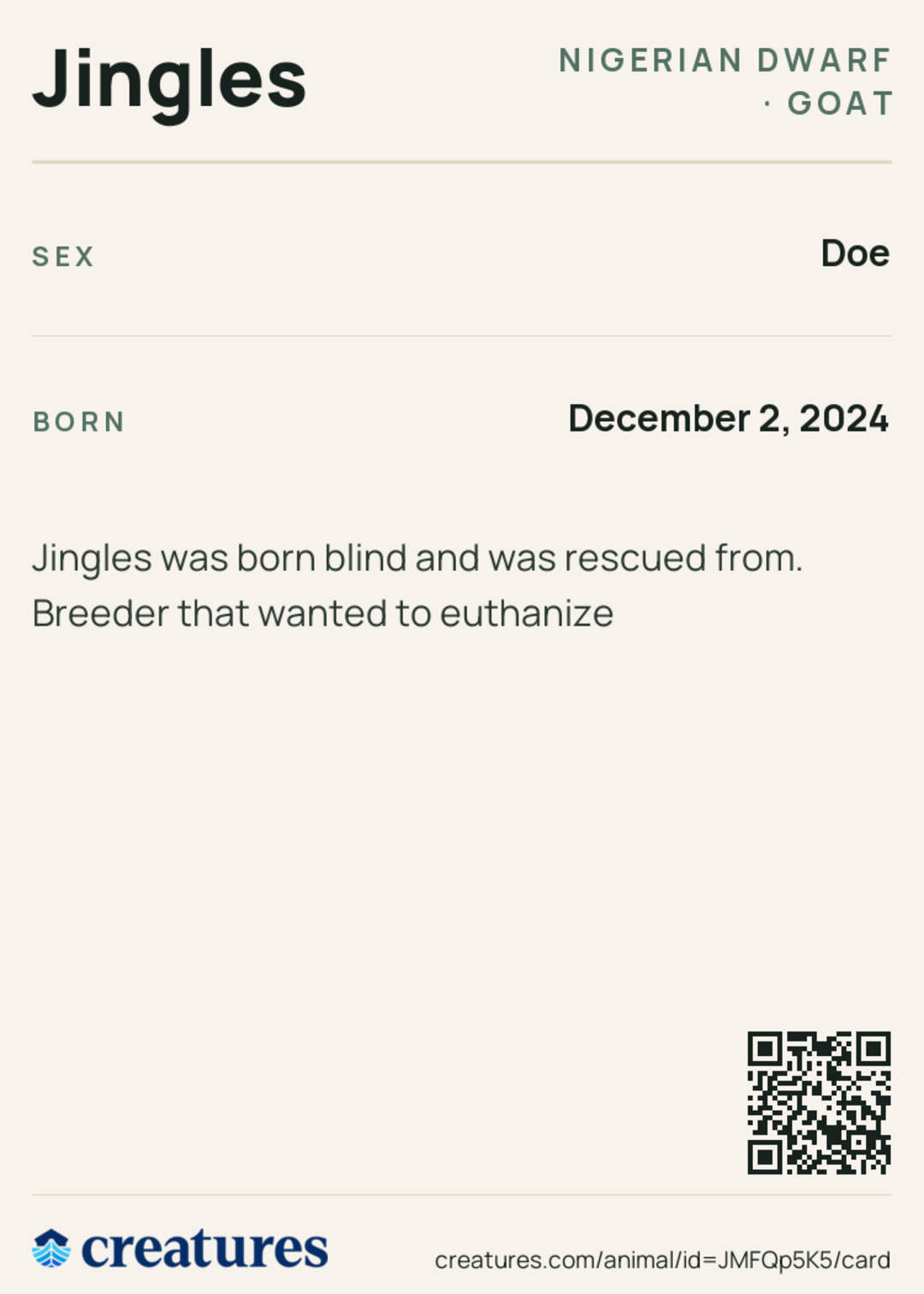 Jingles Creature Card back