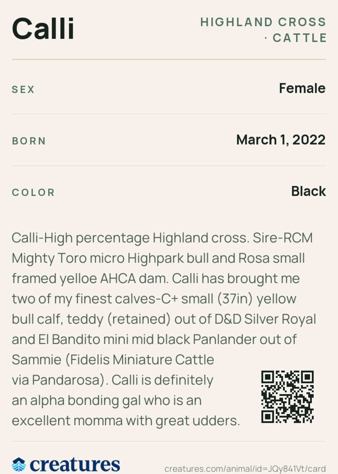 Calli Creature Card back