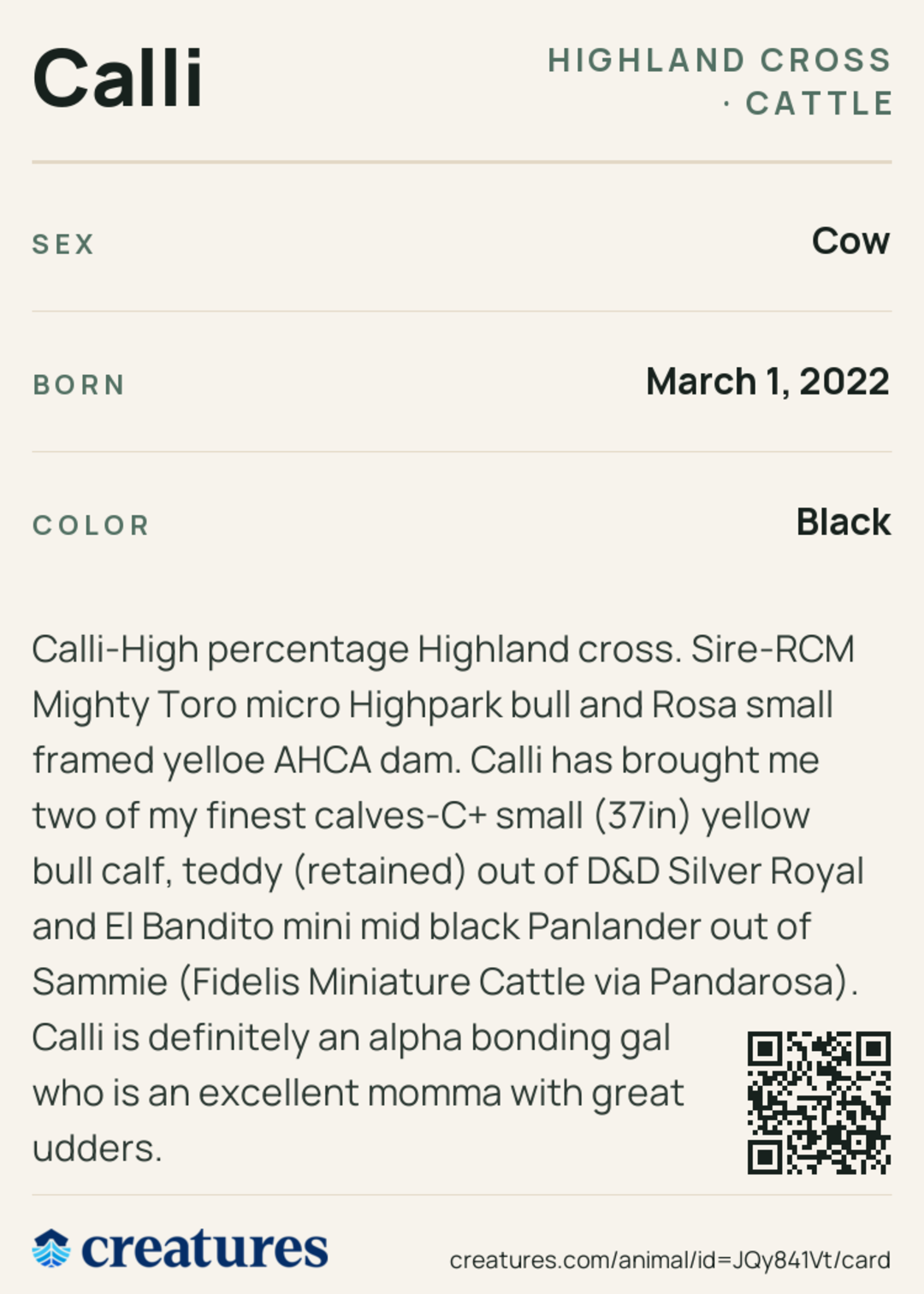 Calli Creature Card back