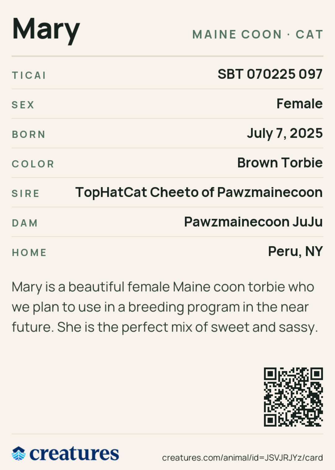Mary Creature Card back