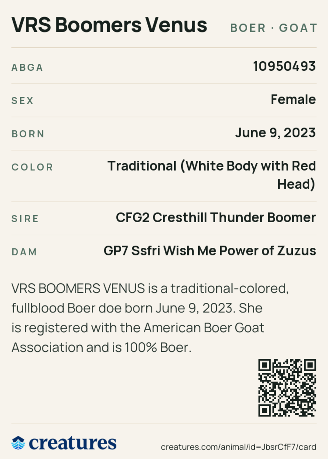VRS Boomers Venus Creature Card back