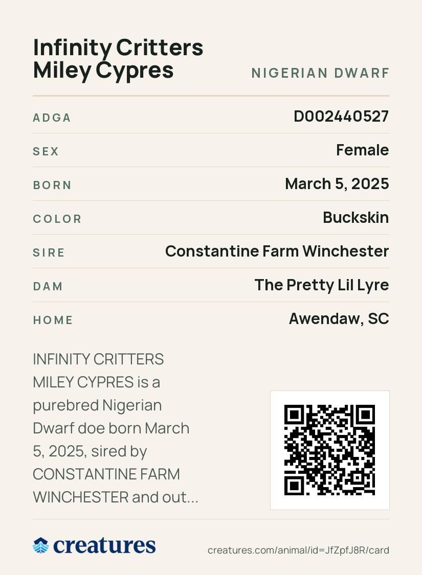 Infinity Critters Miley Cypres Creature Card back
