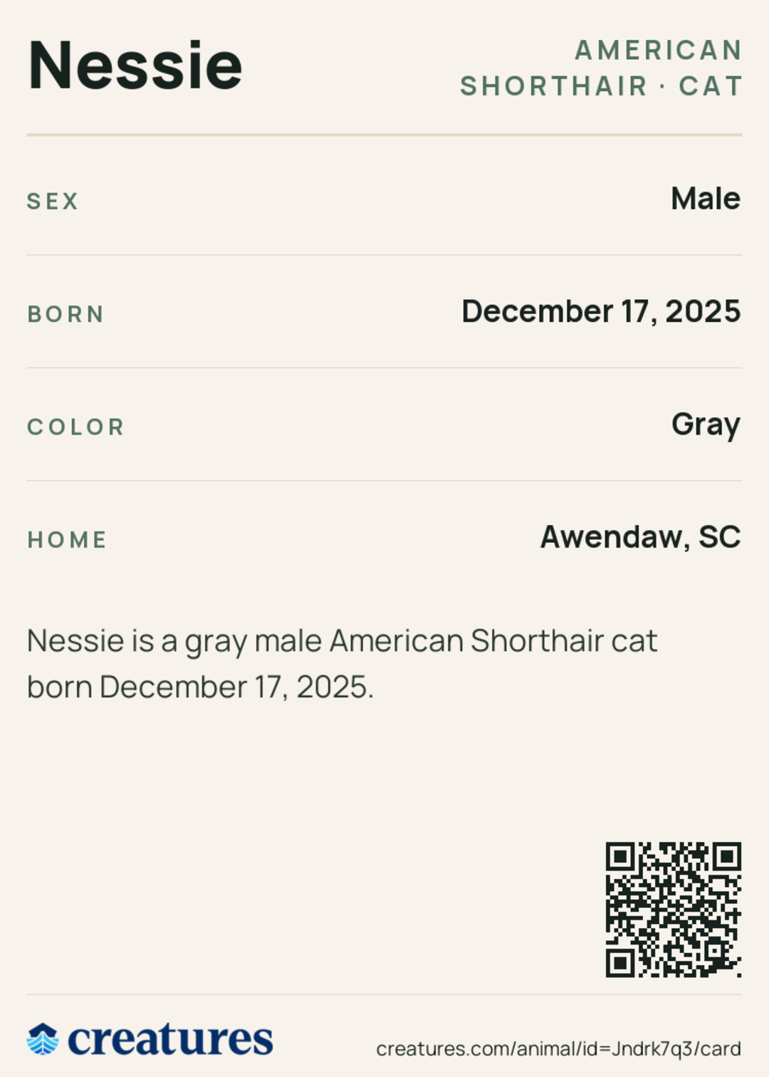 Nessie Creature Card back