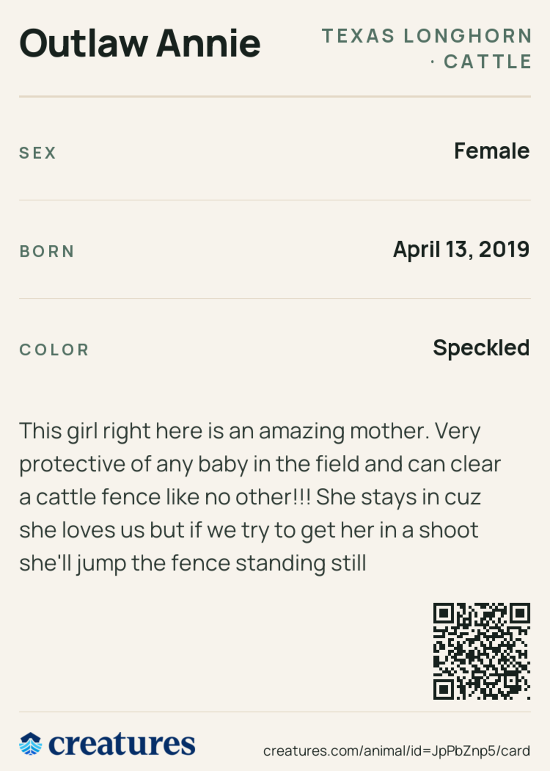 Outlaw Annie Creature Card back