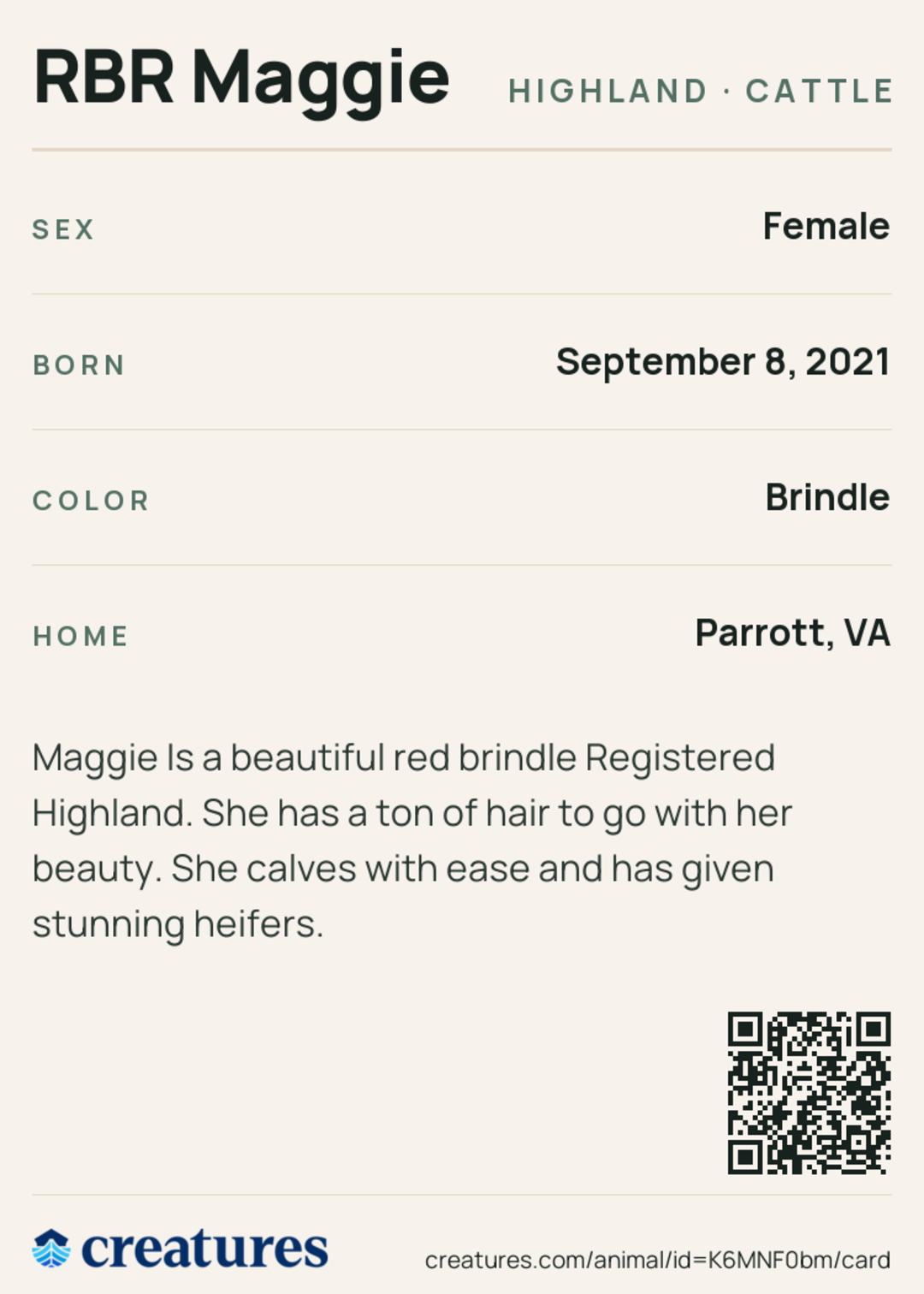 RBR Maggie Creature Card back