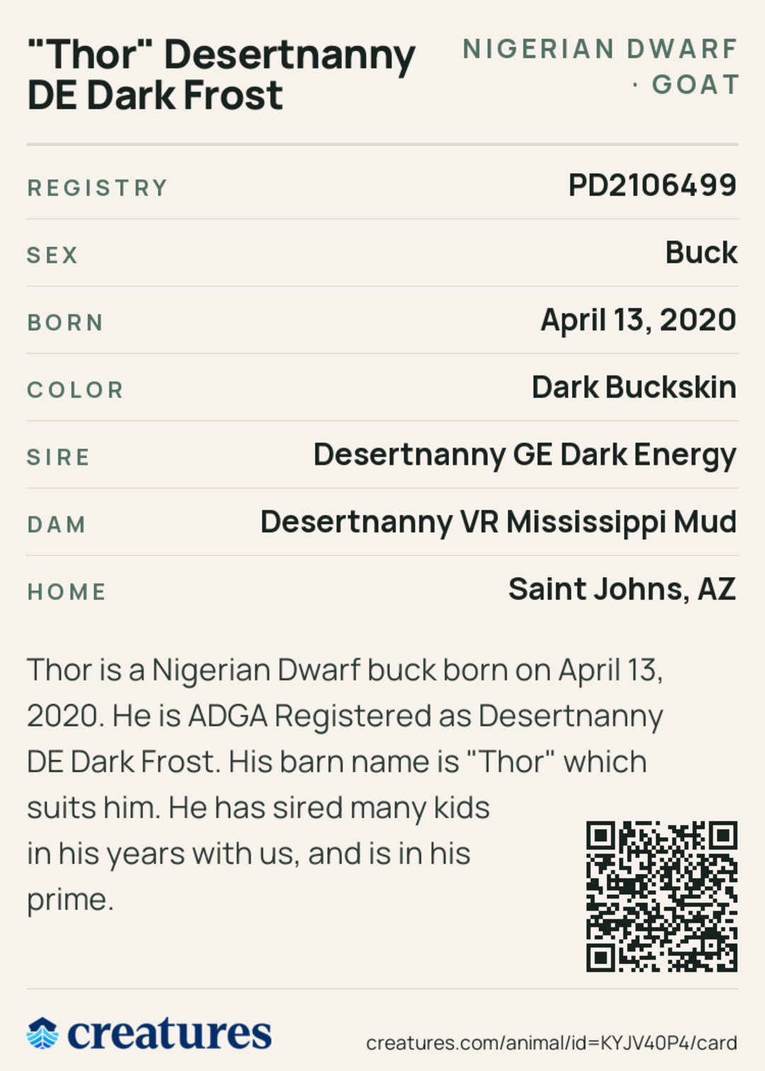"Thor" Desertnanny DE Dark Frost Creature Card back