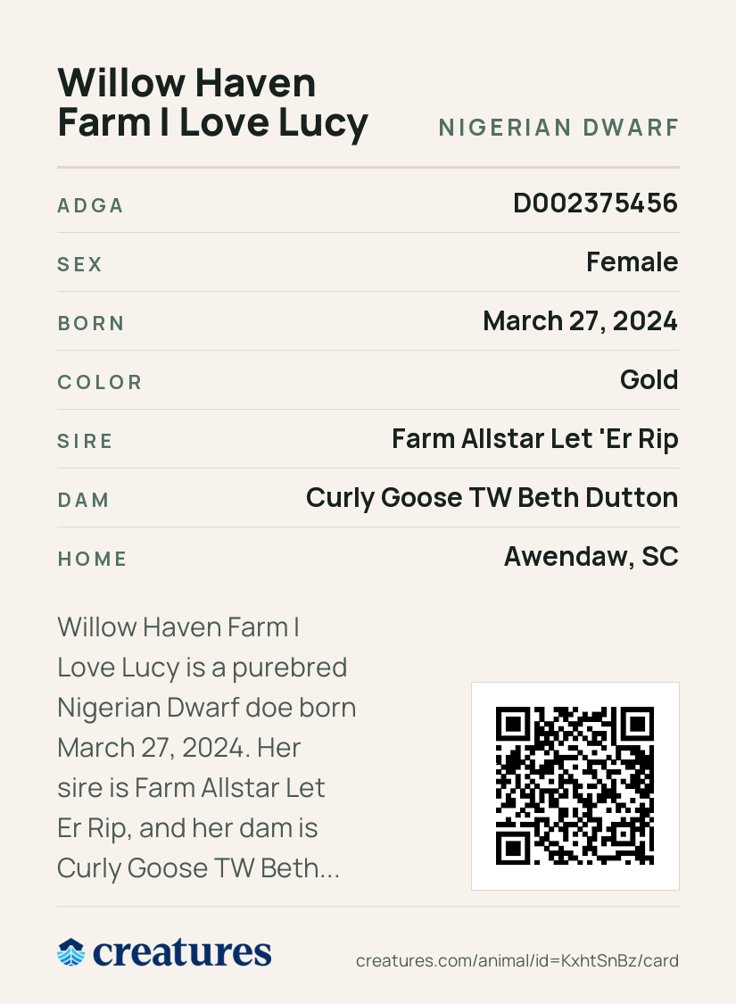 Willow Haven Farm I Love Lucy Creature Card back