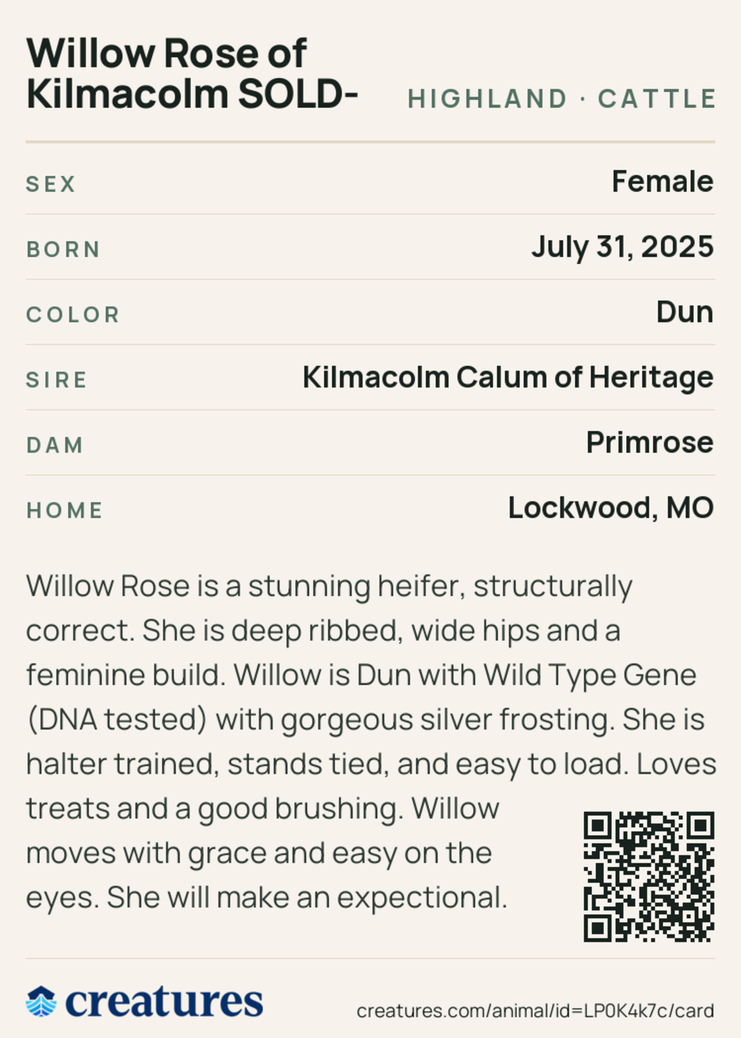 Willow Rose of Kilmacolm -SOLD- Creature Card back