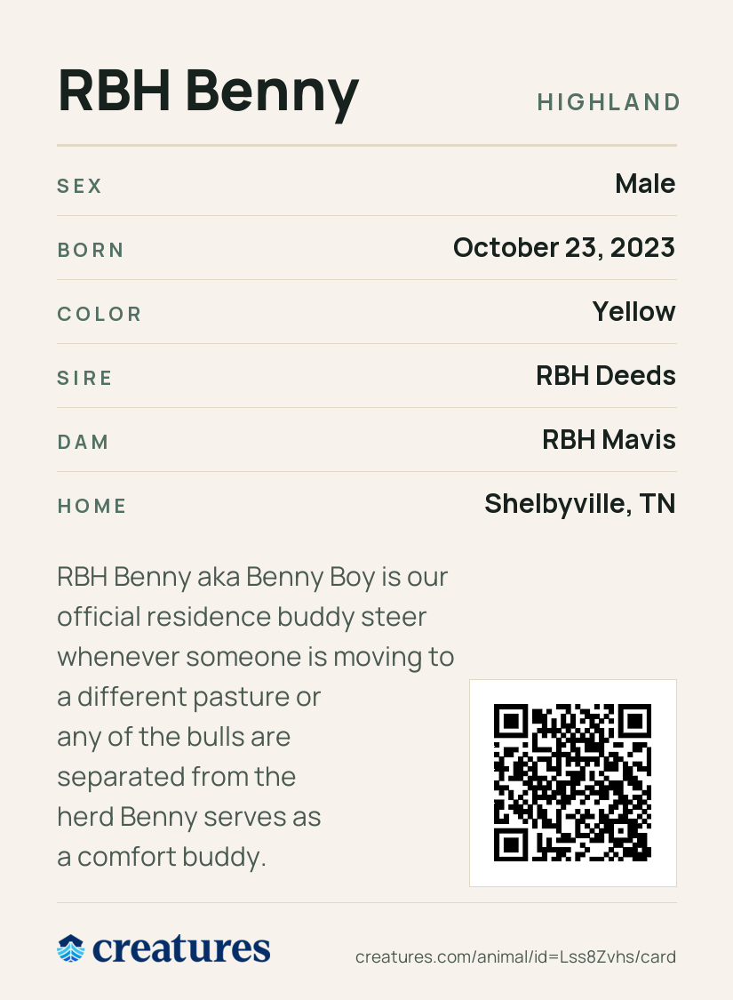 RBH Benny Creature Card back
