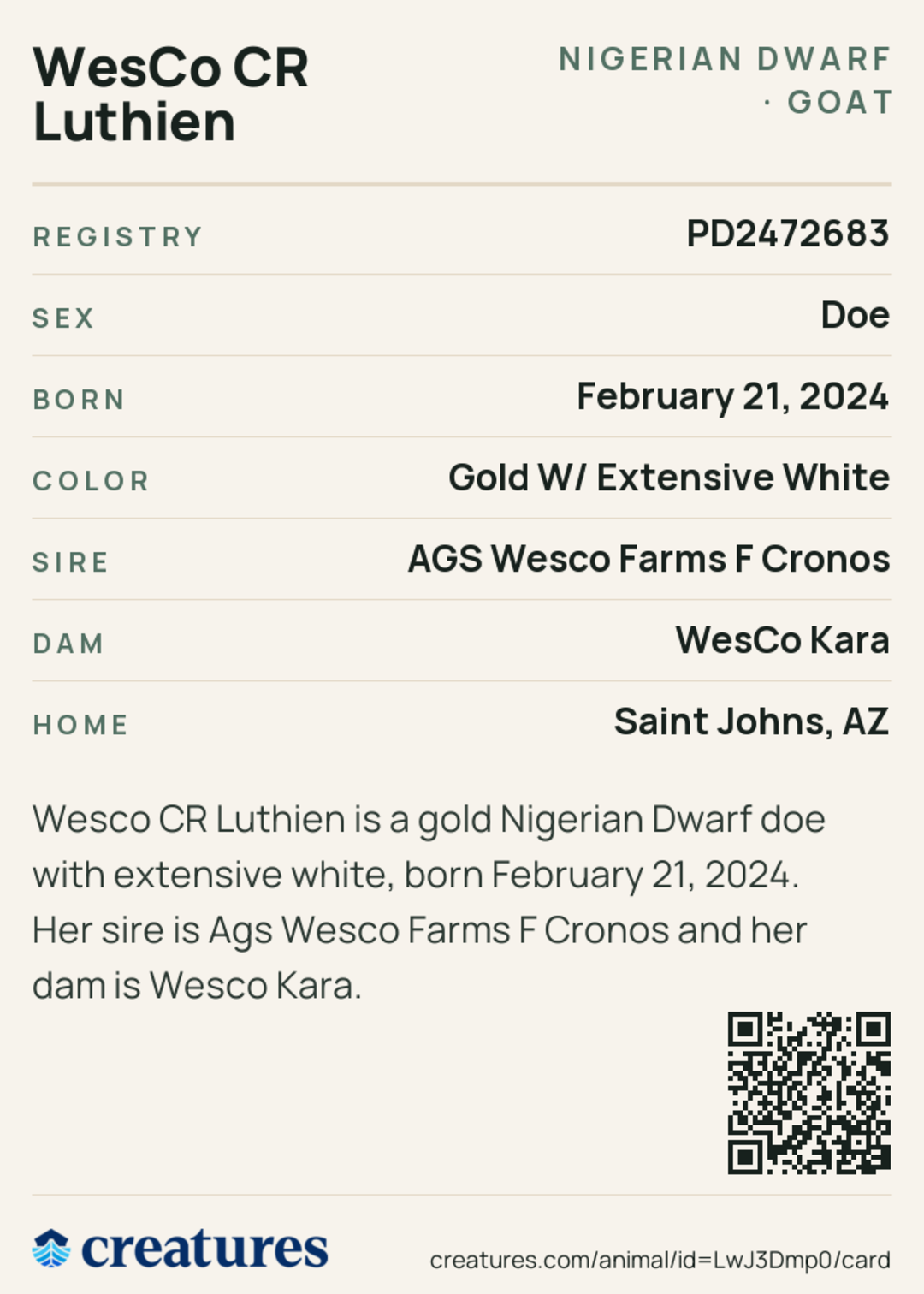 WesCo CR Luthien Creature Card back