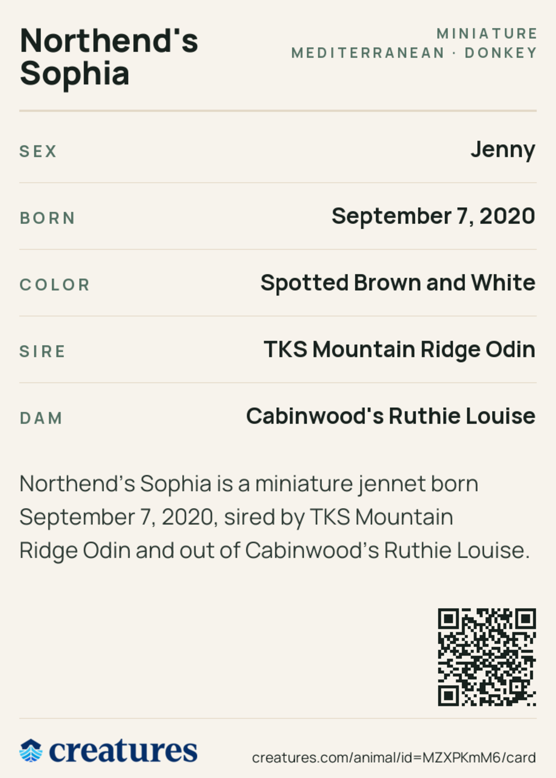 Northend's Sophia Creature Card back