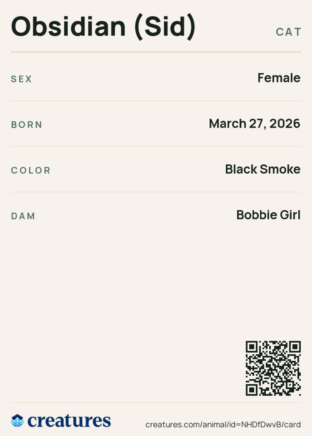 Obsidian (Sid) Creature Card back