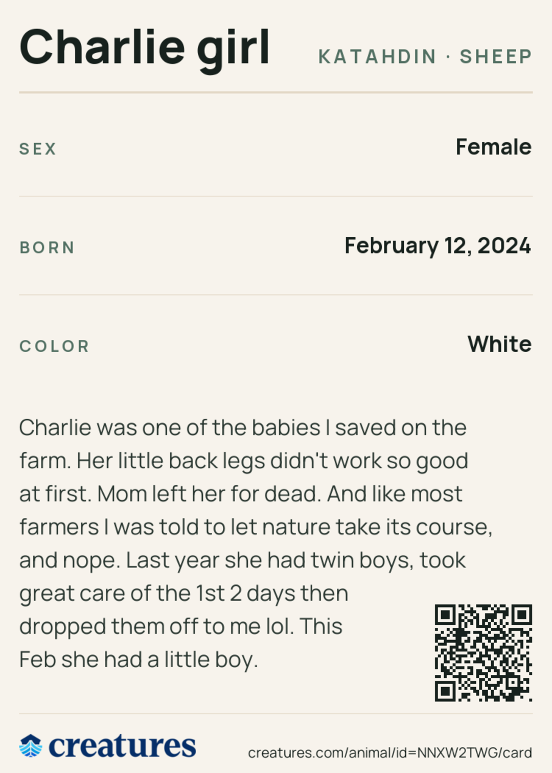 Charlie girl Creature Card back