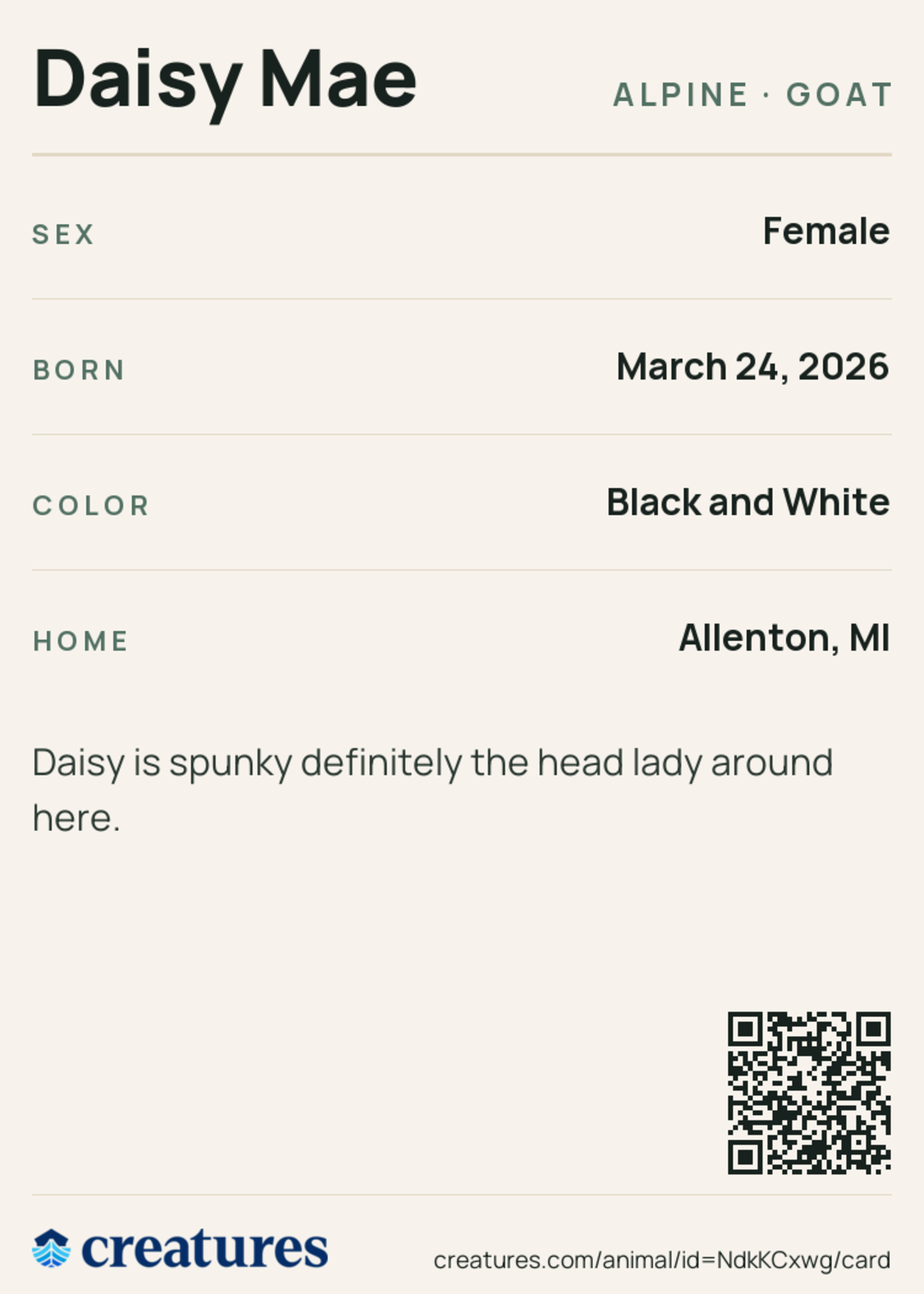 Daisy Mae Creature Card back