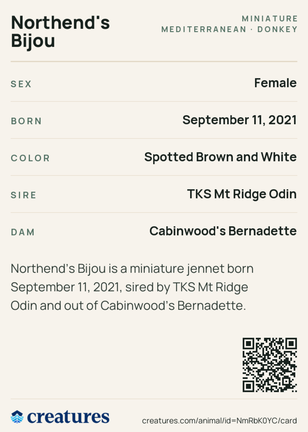 Northend's Bijou Creature Card back