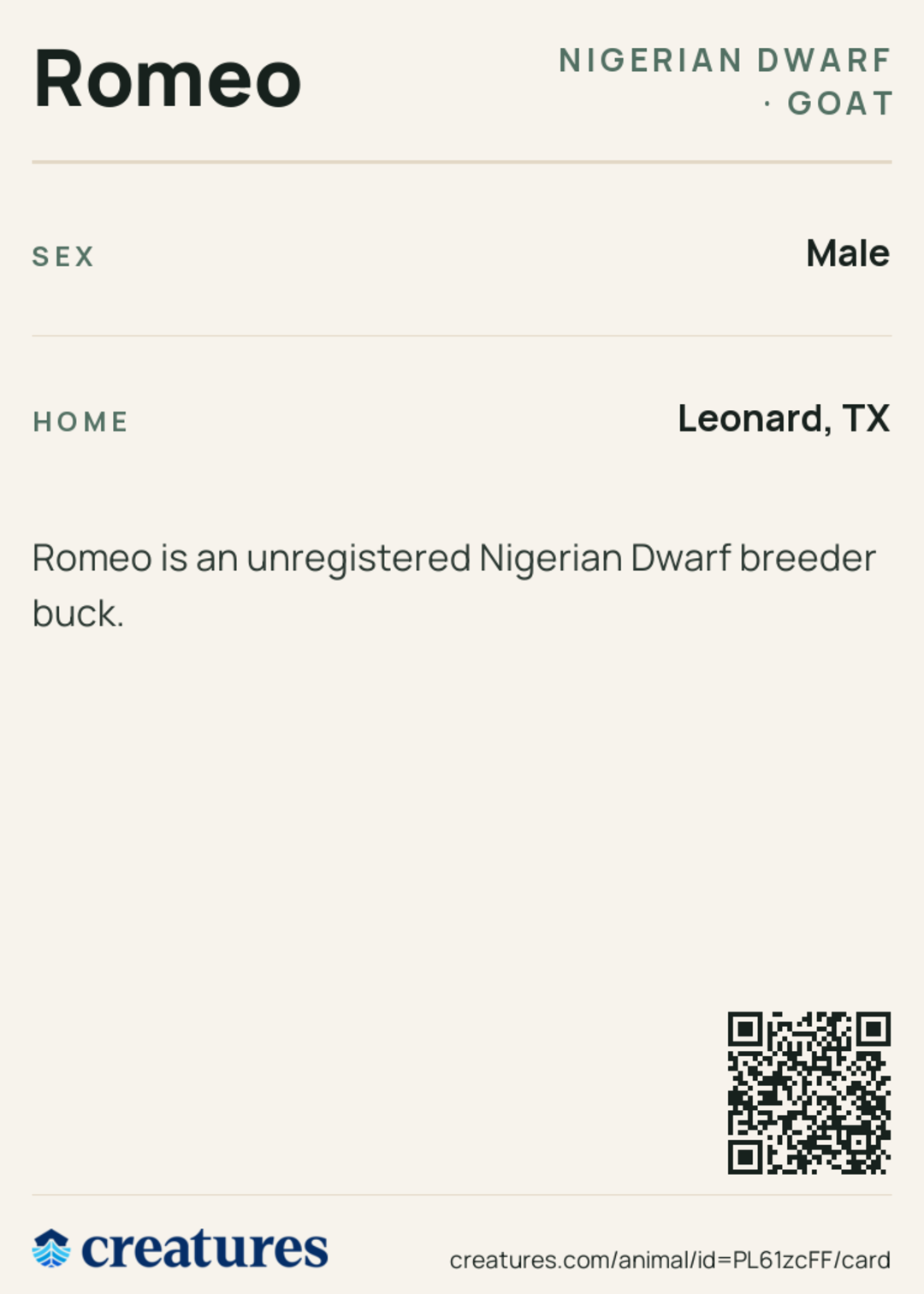 Romeo Creature Card back