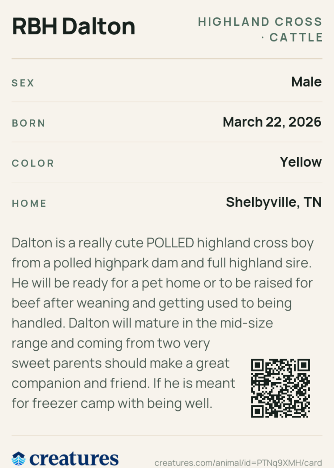 RBH Dalton Creature Card back