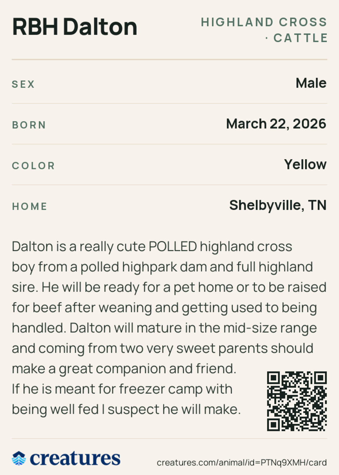 RBH Dalton Creature Card back