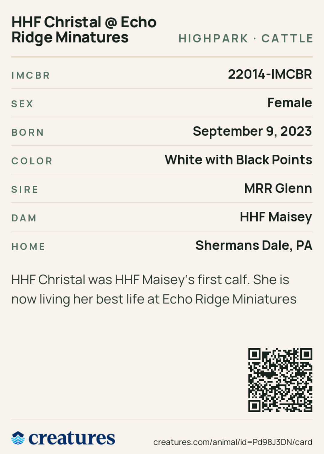 HHF Christal @ Echo Ridge Minatures Creature Card back