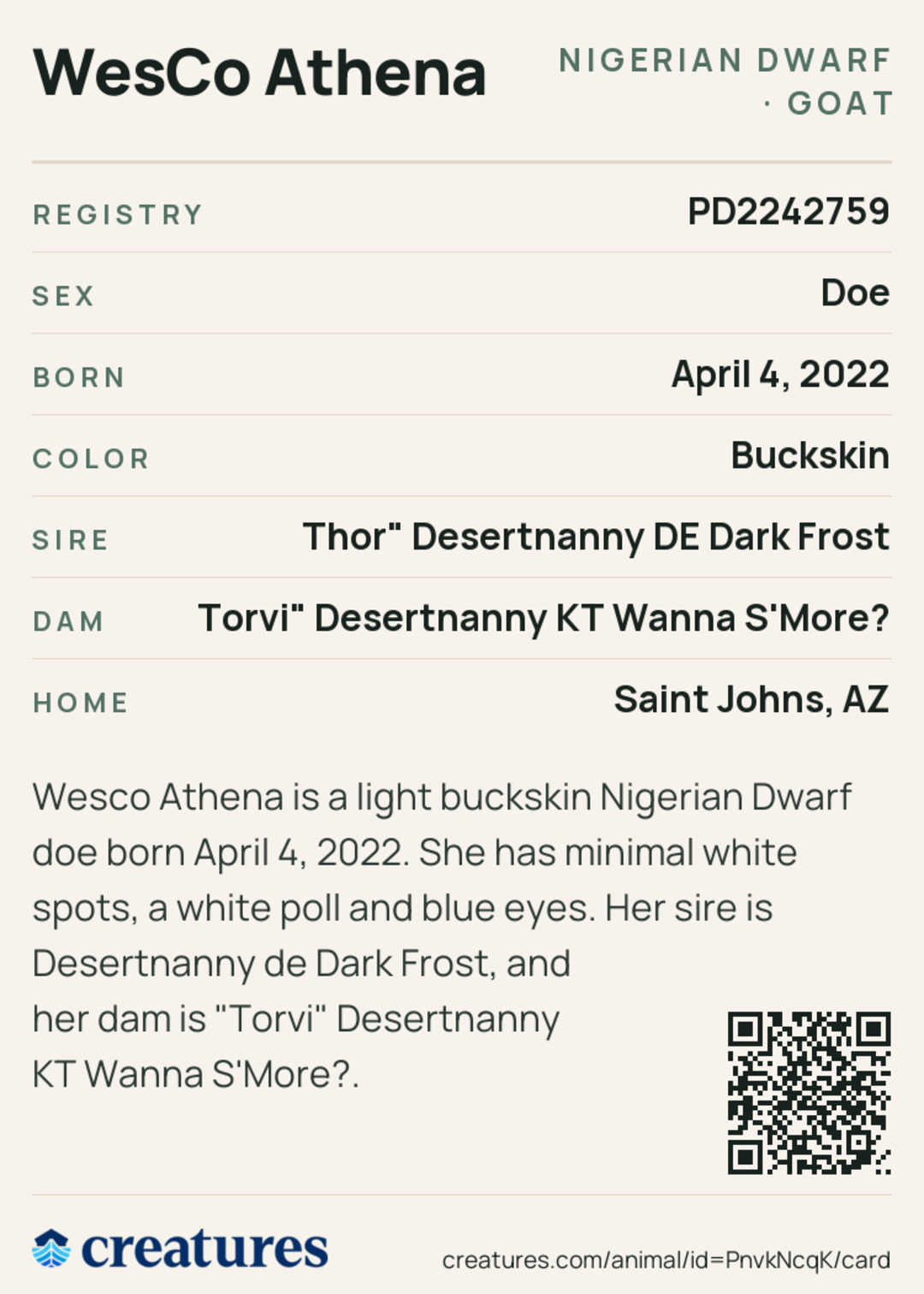 WesCo Athena Creature Card back