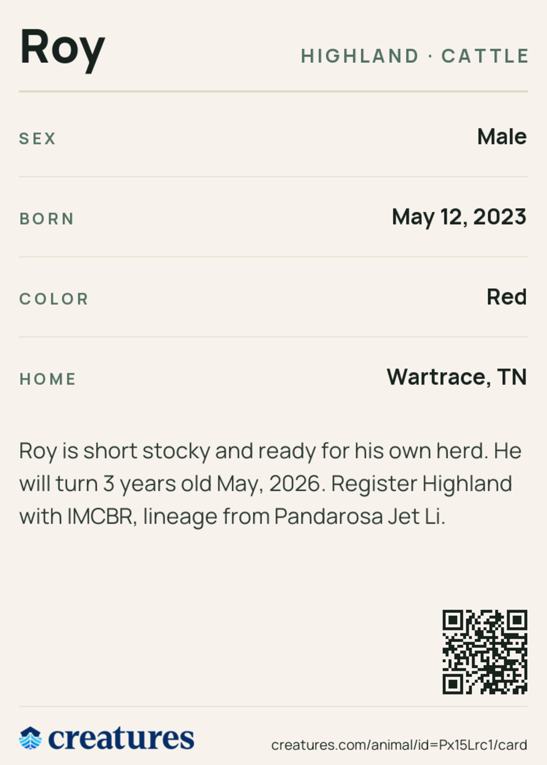 Roy Creature Card back