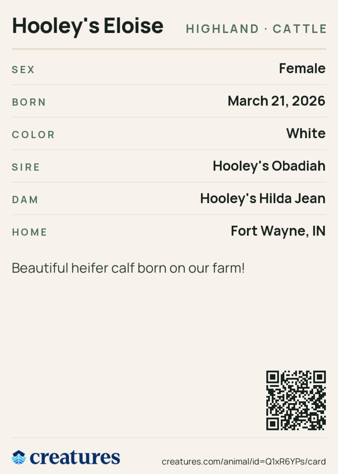 Hooley's Eloise Creature Card back