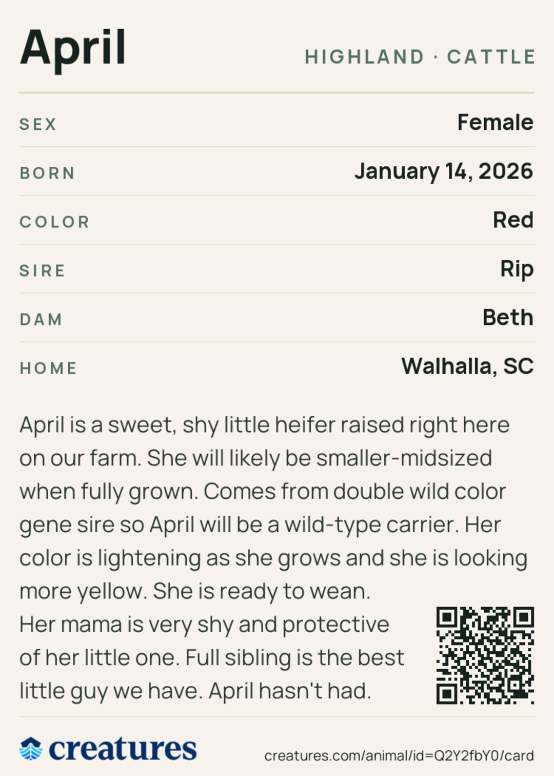April Creature Card back