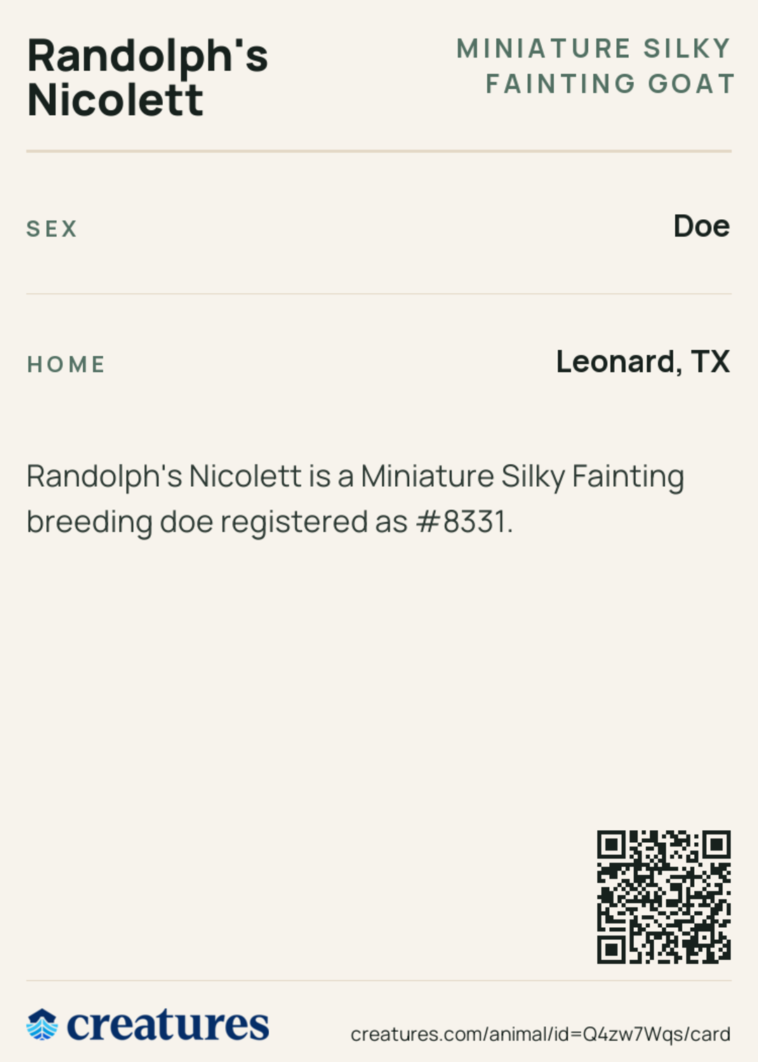 Randolph's Nicolett Creature Card back