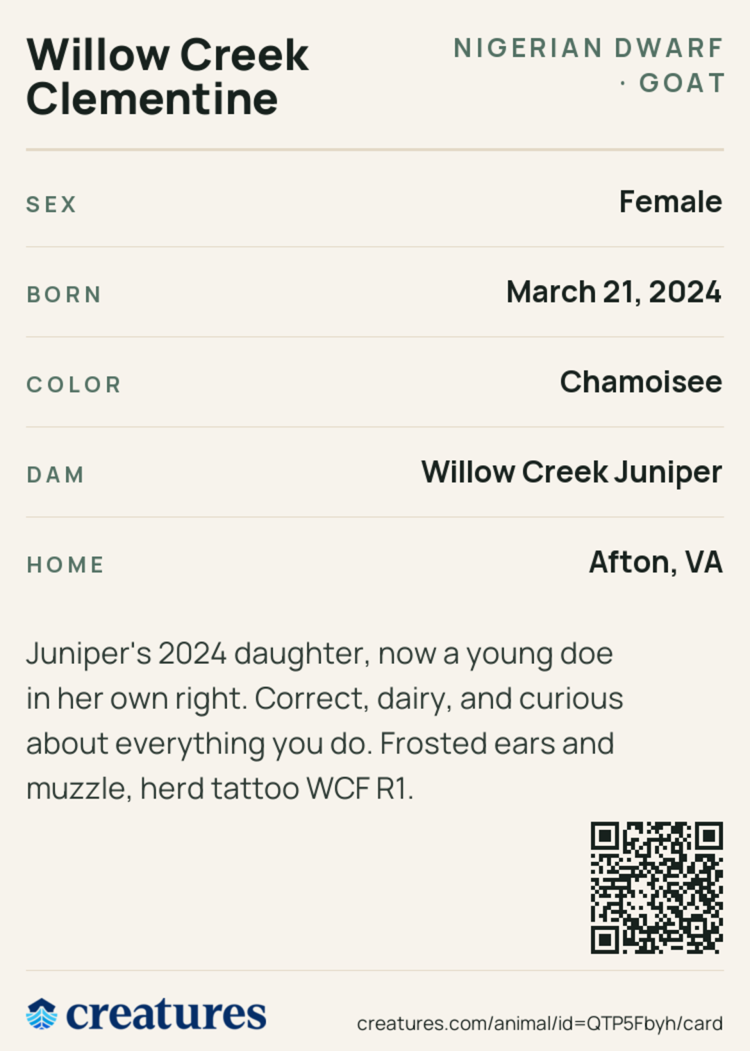Willow Creek Clementine Creature Card back