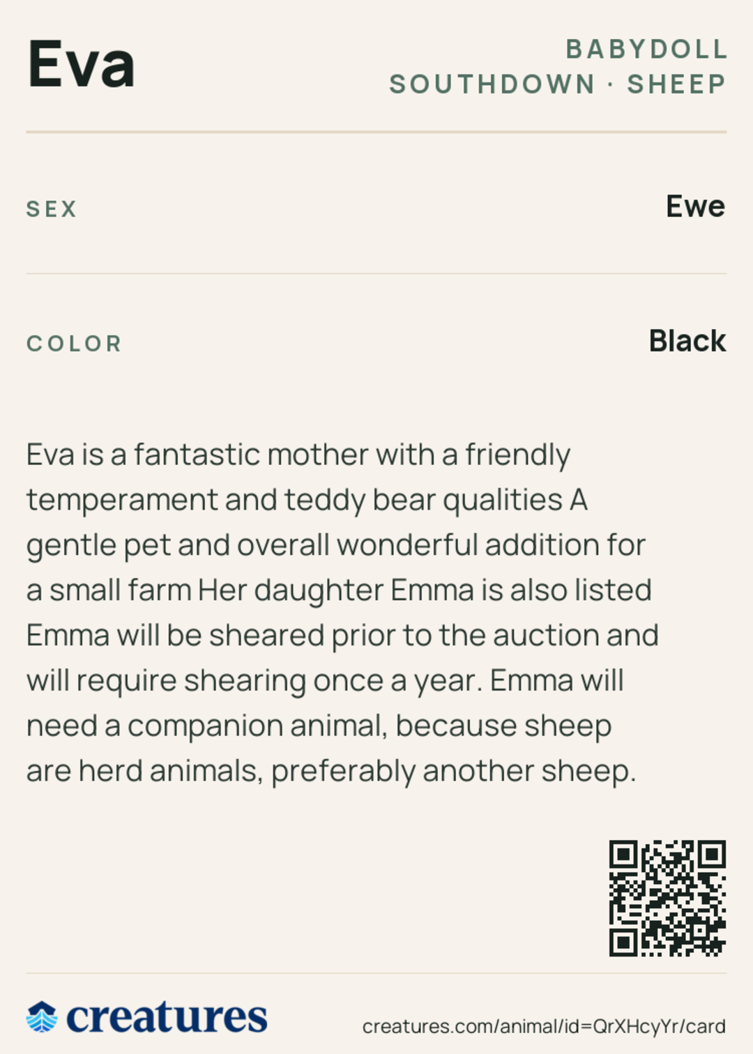 Eva Creature Card back