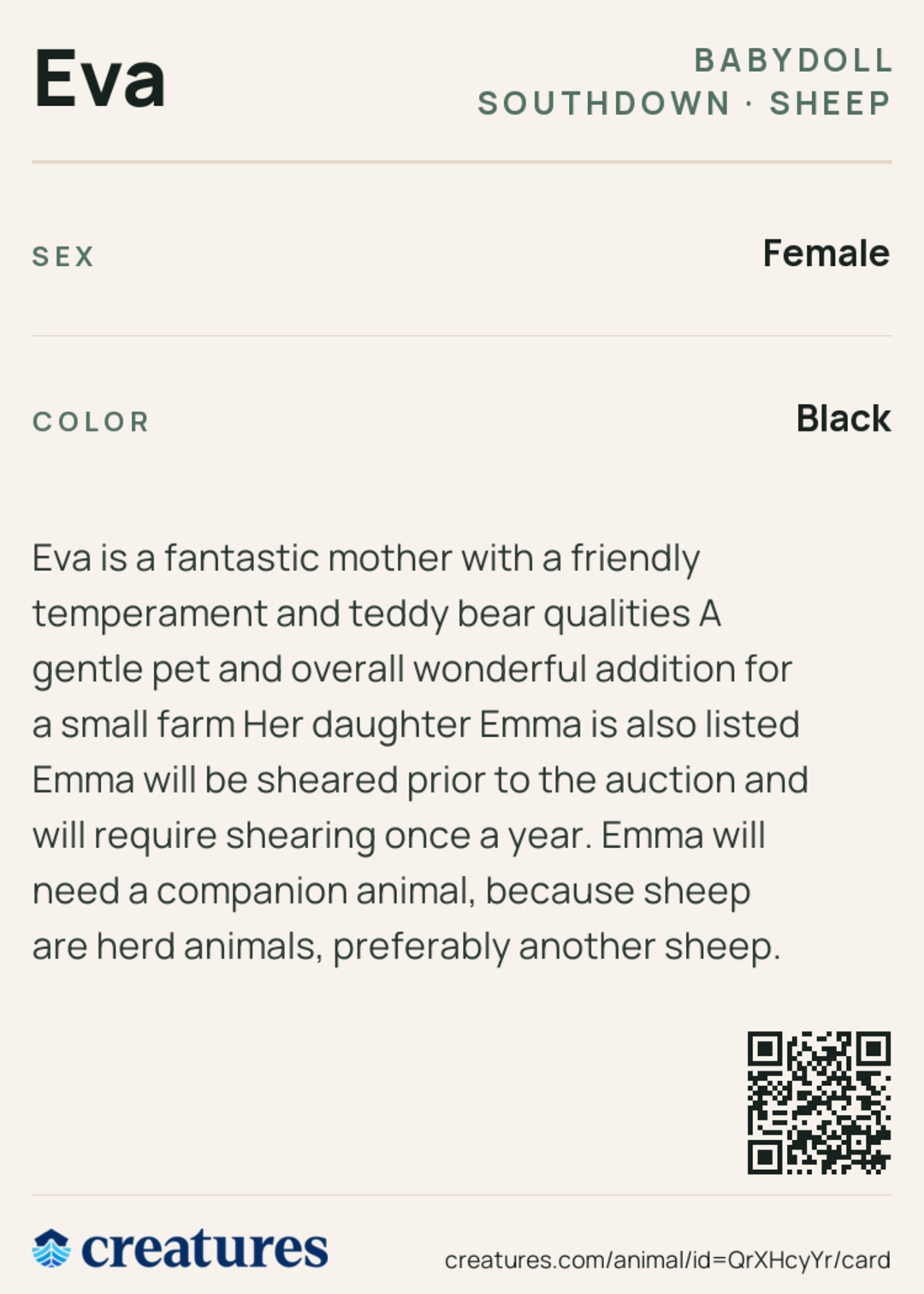 Eva Creature Card back