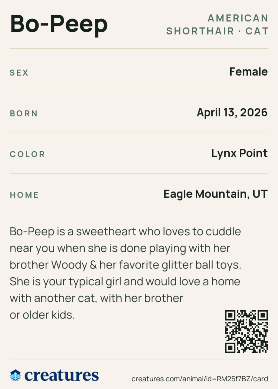 Bo-Peep Creature Card back