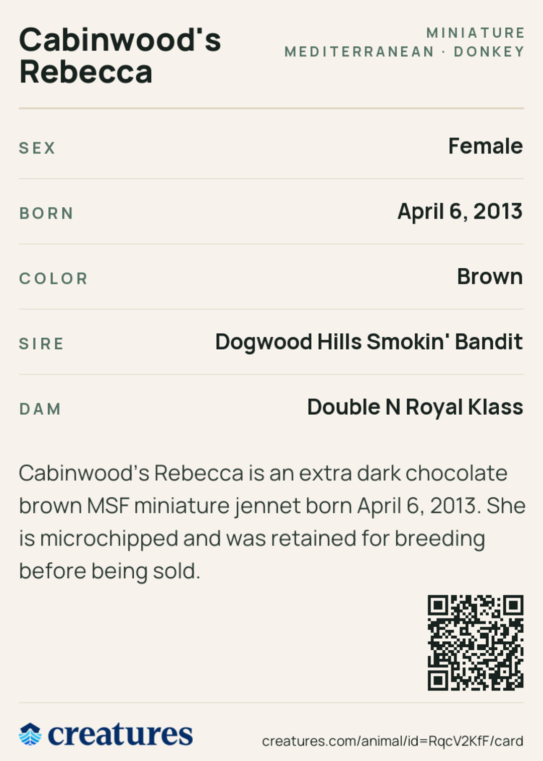 Cabinwood's Rebecca Creature Card back