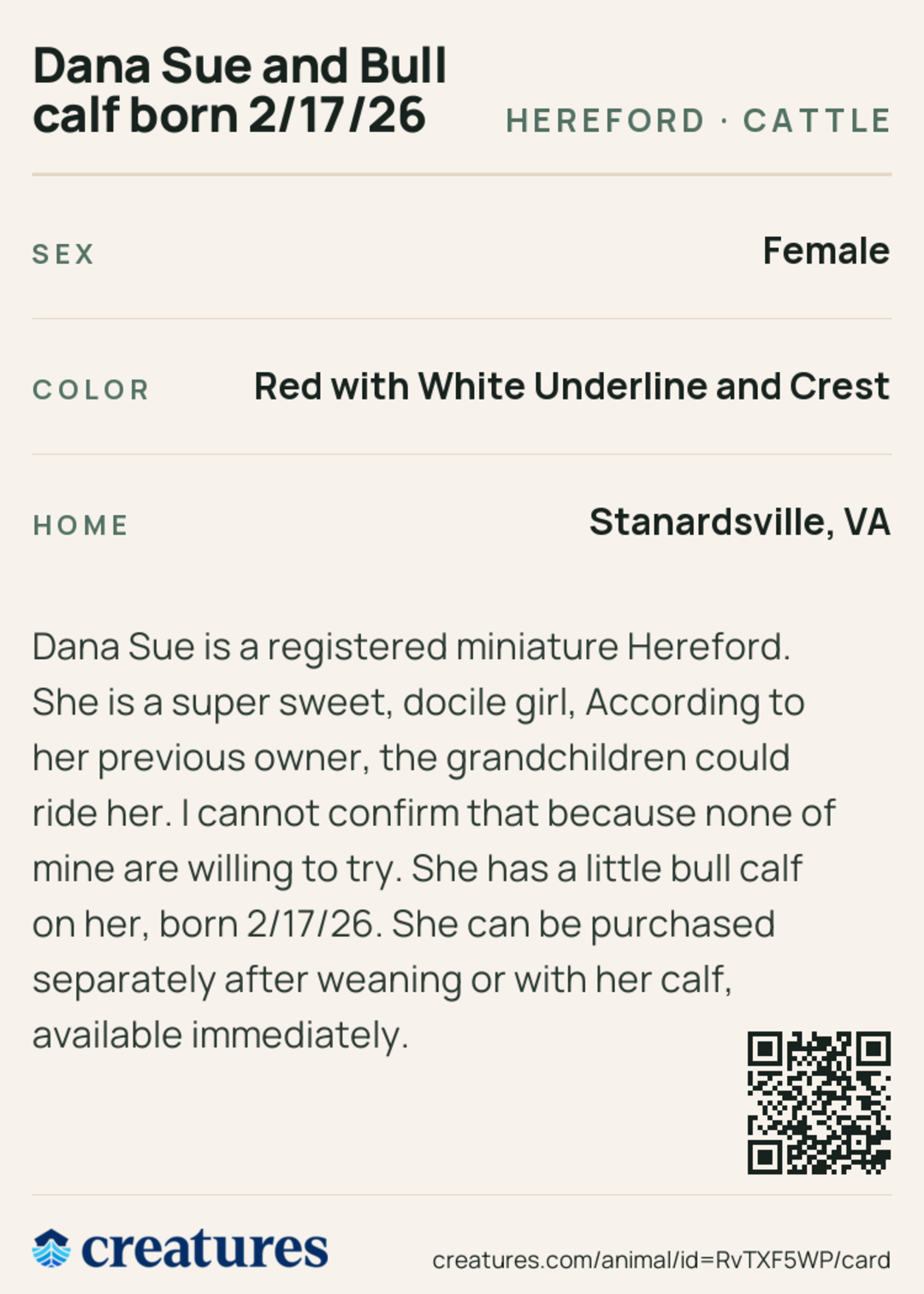 Dana Sue and Bull calf born 2/17/26 Creature Card back