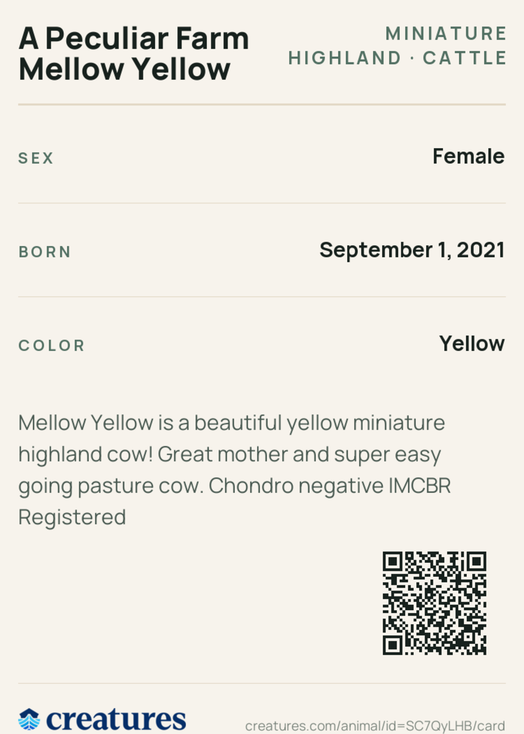 A Peculiar Farm Mellow Yellow Creature Card back