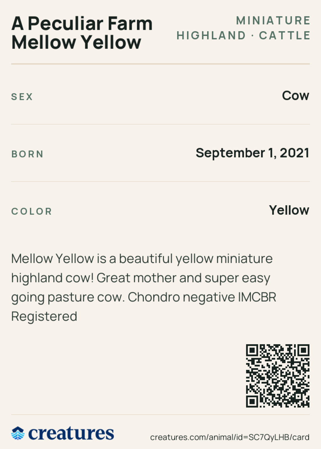 A Peculiar Farm Mellow Yellow Creature Card back