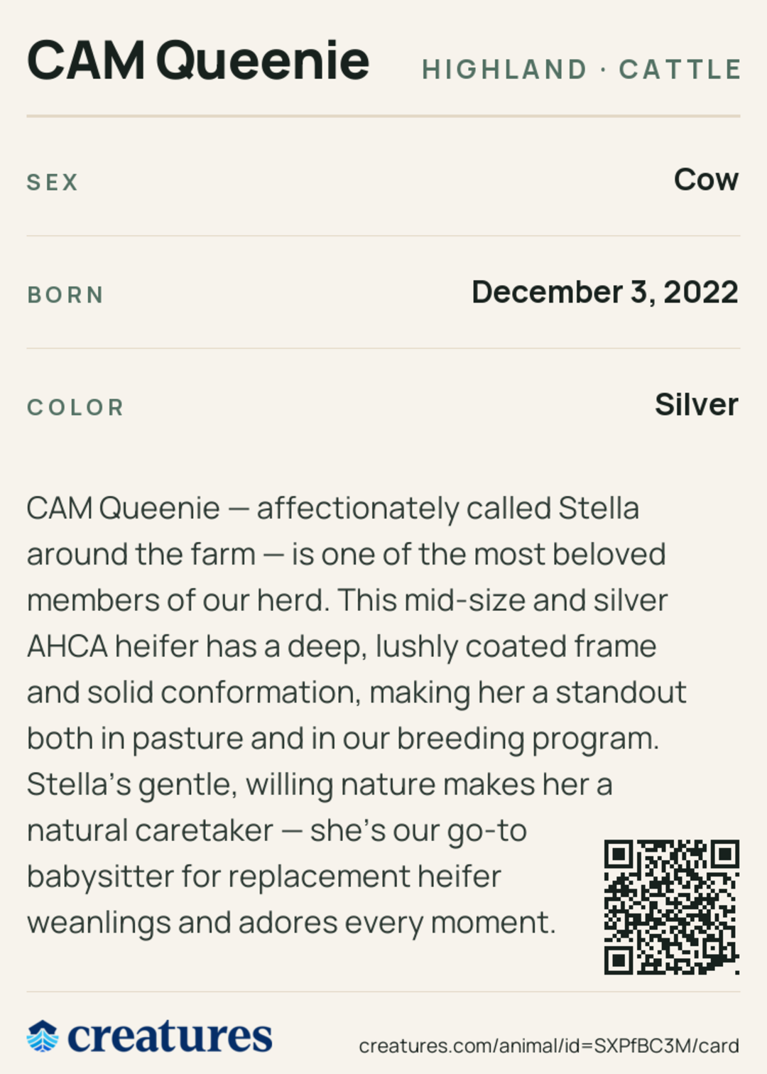 CAM Queenie Creature Card back